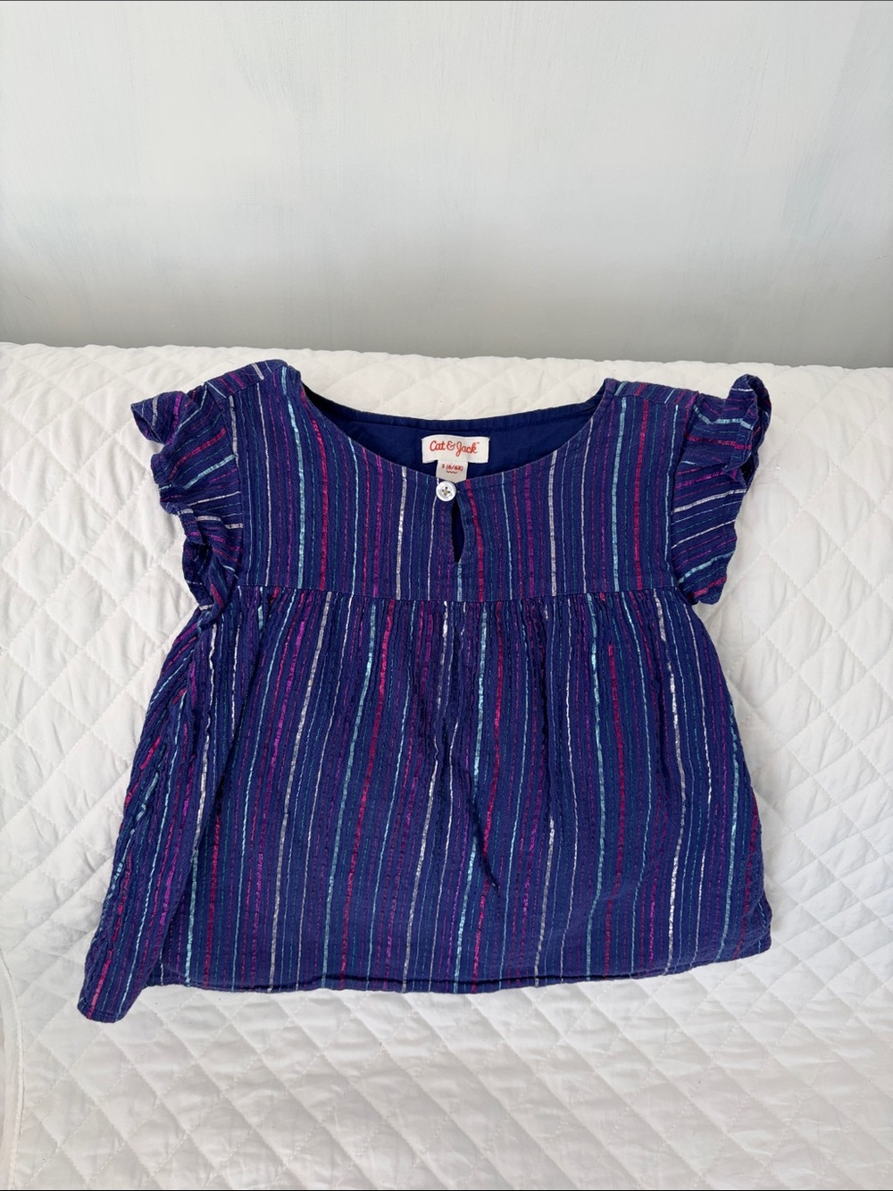 Cat & Jack Navy Blue Striped Flutter Sleeve Top with Pink Accents